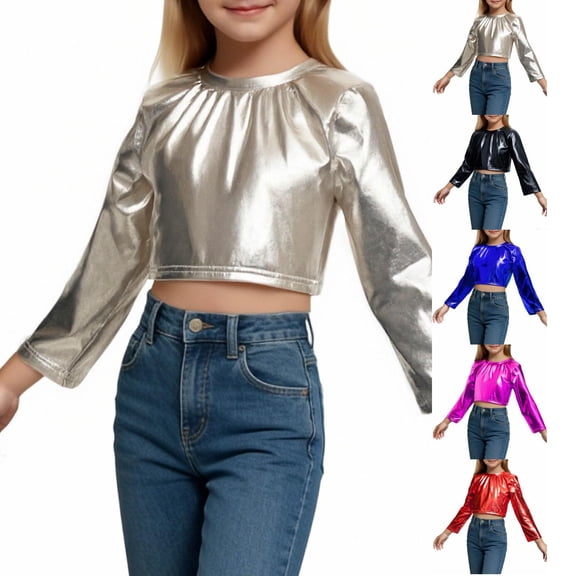 YOUYEDIAN Girls Metallic Crop Top Kids Long Sleeve Dance Hip Hop Shirt Sparkly Party Y2k Cute Crew Neck Solid Color Downtown Outfits (Silver, 8-9 Years)