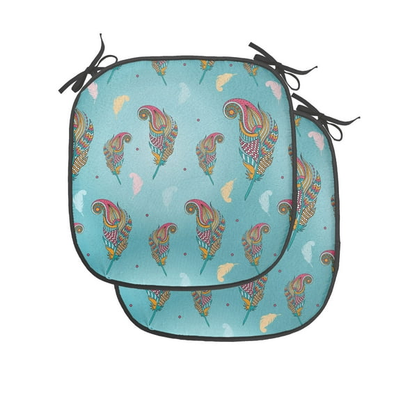 Bohemian Chair Seating Cushion Set of 2, Continuous Pattern with Colorful Zentangle Ornate Feathers, Seat Pads for Office with Anti-slip Backing, 16"x16", Seafoam Multicolor, by Ambesonne