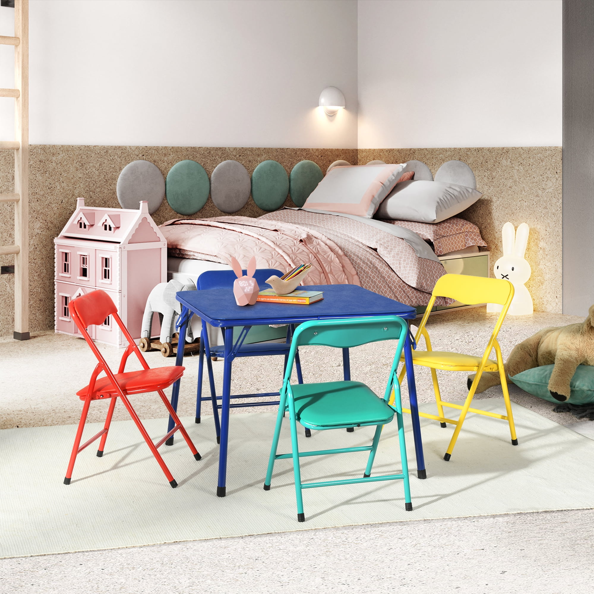 Homy Casa Folding Play Table Set with 4 Chairs, Ideal for Toddler Playroom Classroom Activity Playset, Multicolor