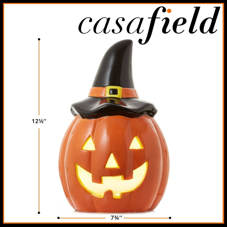 Casafield Ceramic Halloween Jack-o-Lantern - Hand Painted, Pre-Lit LED, Tabletop Decor (12.1"H X 7.75"W)