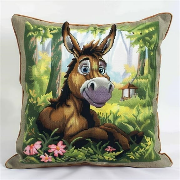 Latch Hook Cushion Kit DIY Crochet Pillow Kit Pre-Printed Pillowcase 17X17inch - Animal donkey