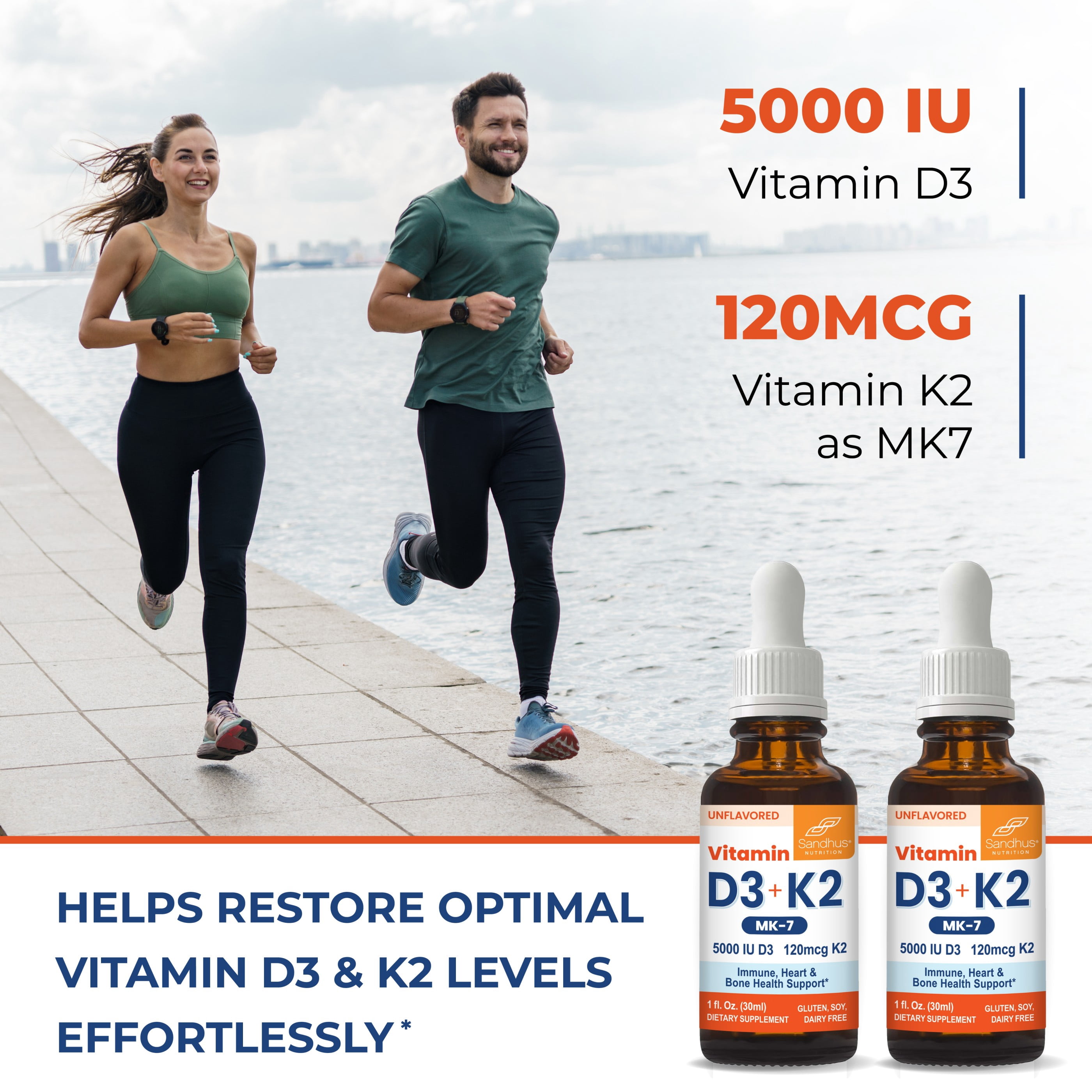 Sandhu's Vitamin D3 K2 Drops for Adults | 5000 IU D3 Liquid, 120mcg K2 Supplement 1 Fl Oz (Pack of 2) | D3K2 Supports Superior Absorption, Energy, Immune, Muscle Health for Men & Women