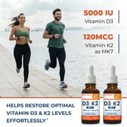 Sandhus Vitamin D3 K2 Drops for Adults | 5000 IU D3 Liquid, 120mcg K2 Supplement 1 Fl Oz (Pack of 2) | D3K2 Supports Superior Absorption, Energy, Immune, Muscle Health for Men & Women