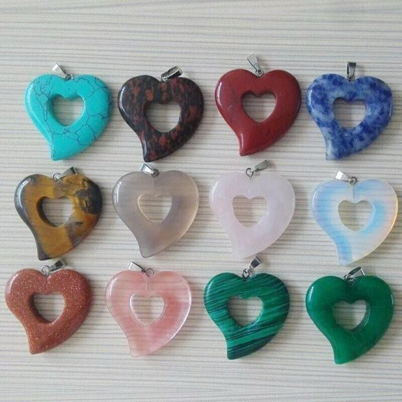K-KED 12pcs Mixed Natural Stone Hollow Heart Pendants Beads Necklace Delicate Jewelry Wholesale