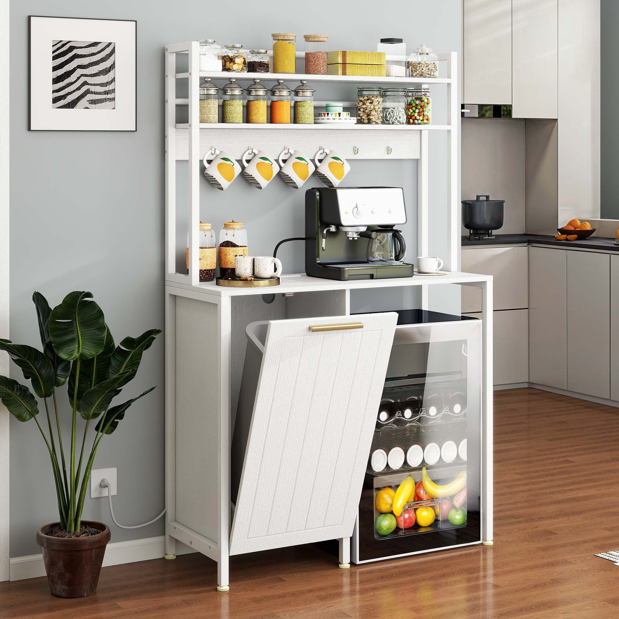 Craftian 3-Tier Mini Fridge Bakers Rack with 10-gal Trash Cabinet & Charging Station, White