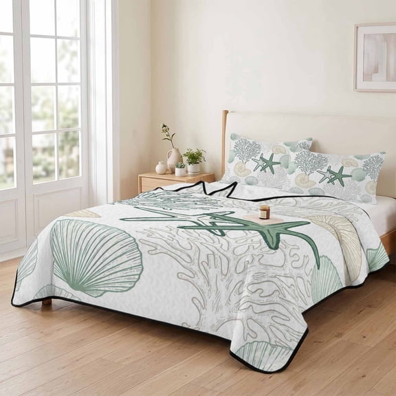 Ocean Green Starfish Seashells 3 Pieces Quilt Set,1 Quilt with 2 Shams,Marine Life Corals Conch Bedspread Soft Lightweight Bedding Coverlet Comforter Set for All Season 90"x96"