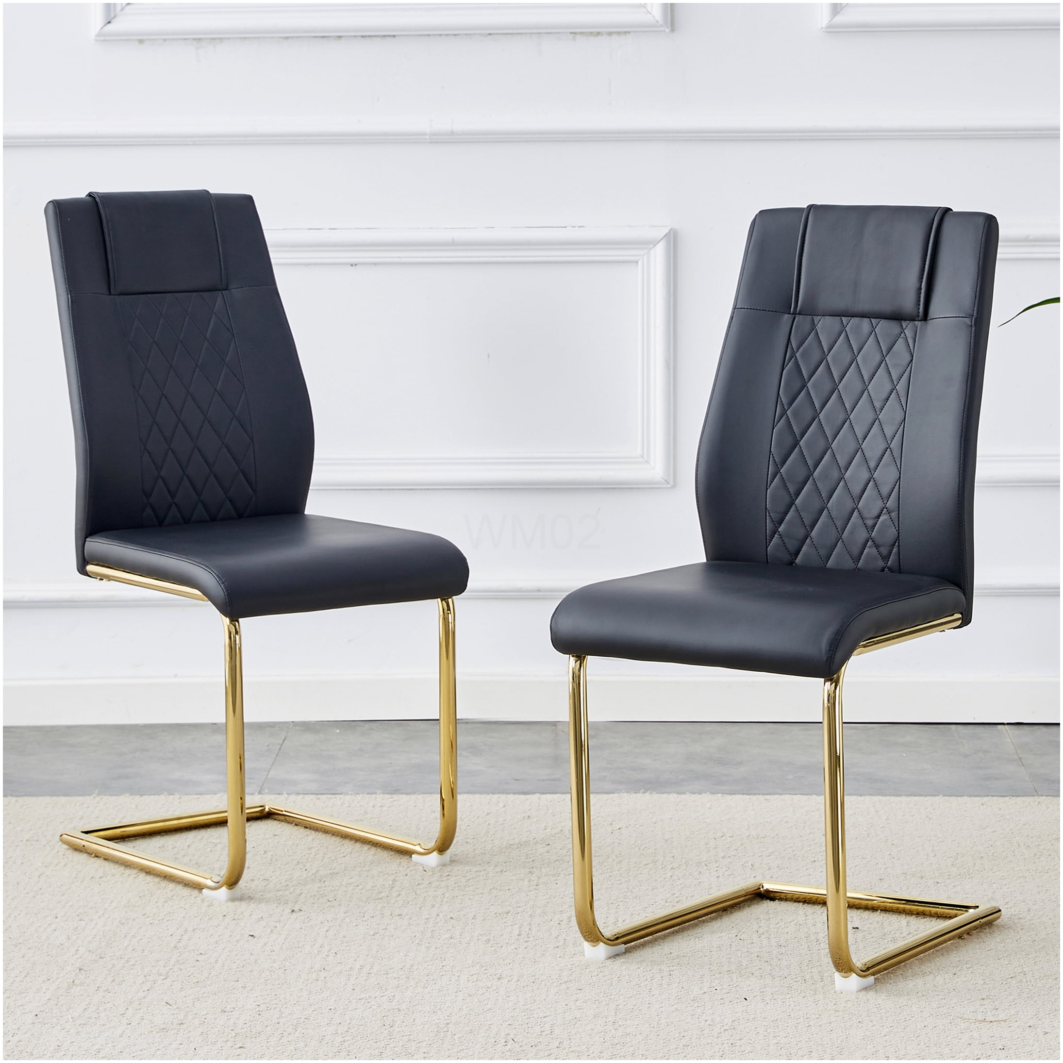 Modern Dining Chairs Set of 6, Black PU Leather Upholstered Side Chairs with Gold Metal Legs for Kitchen Dining Room