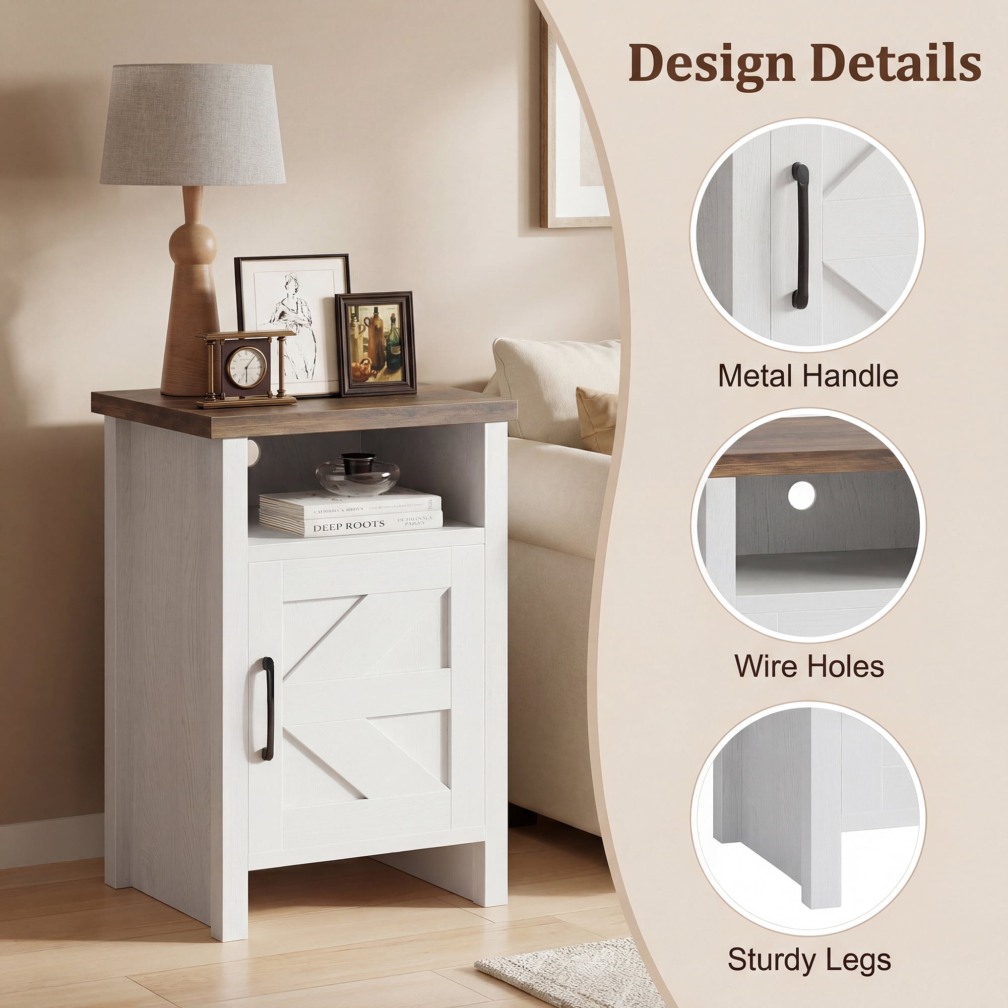Homall Farmhouse Nightstand Set of 2 with Shelf and Barn Door Wood Modern Beside Tables for Bedroom Living Room, White