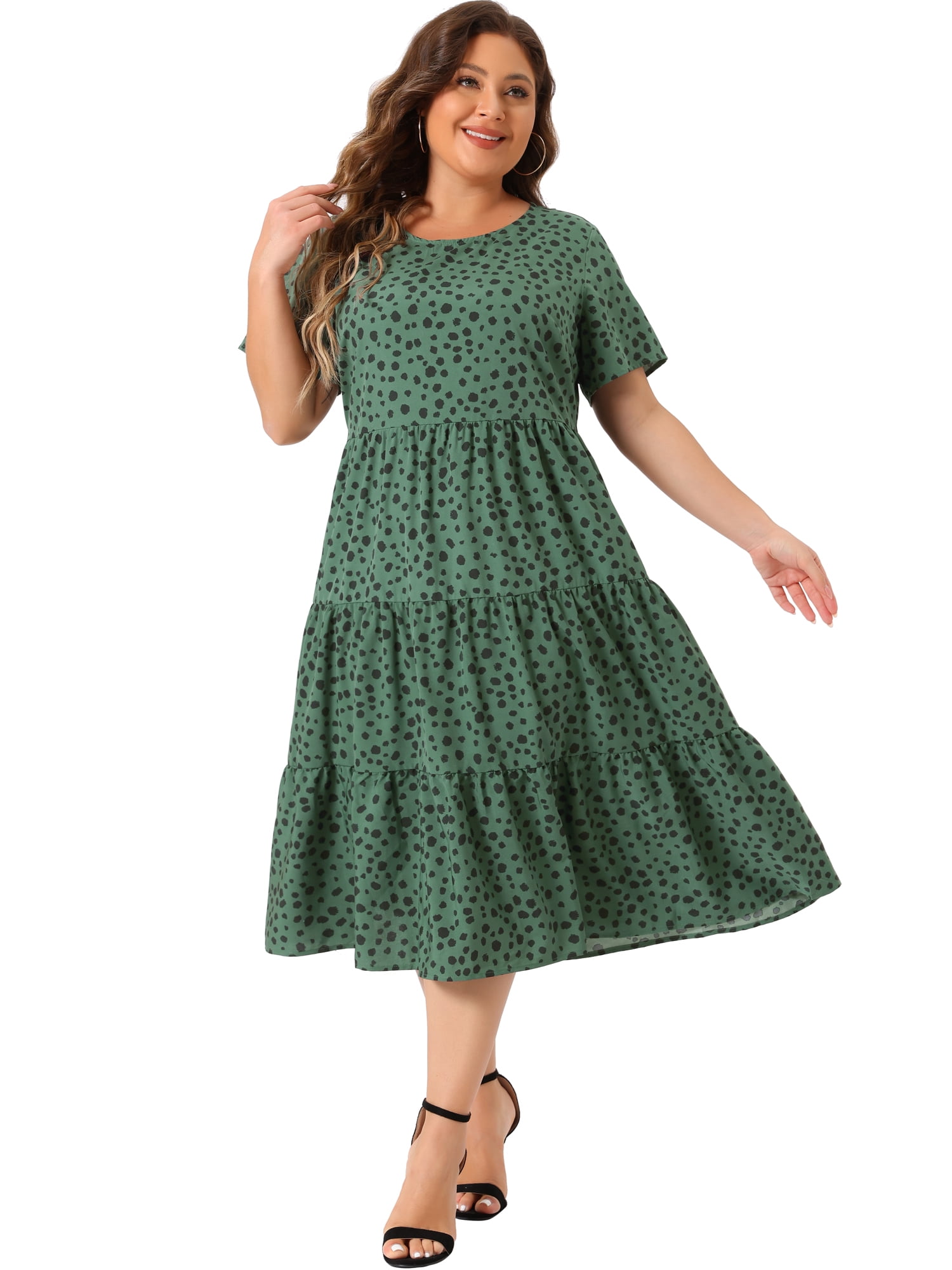 DARING DIVA Plus Size Tiered Polka Dots Midi Short Sleeve Babydoll Dress 1X Dark Green