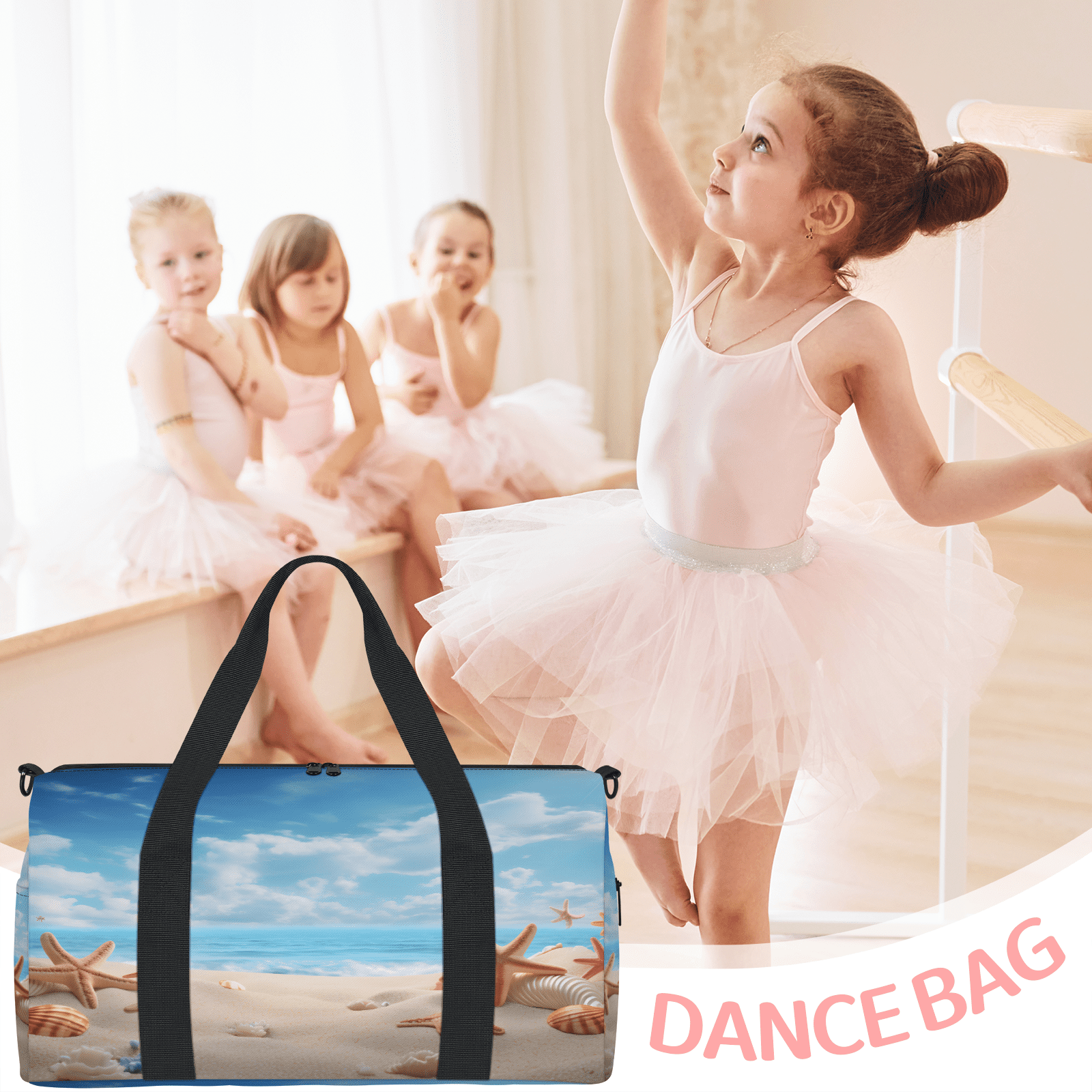 Herdesigns Ocean Beach Seashell Starfish Gym Bag for Women, Duffle Bag for Travel Sport, Nautical Coastal Lightweight Waterproof Carry on Weekender Dance Yoga Workout Bags