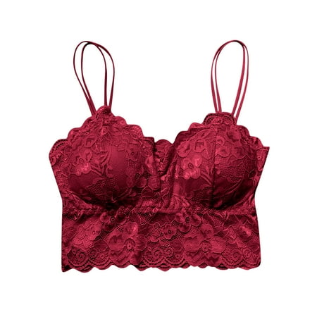 Lace Bralettes for Women Y2K Strap Bustier Cami Top V Spaghetti Adjustable Strap Tank Camisole Crop Top Everyday Underwear Lace Lingerie Bra Brassieres Para Mujer 2024 Wine M
