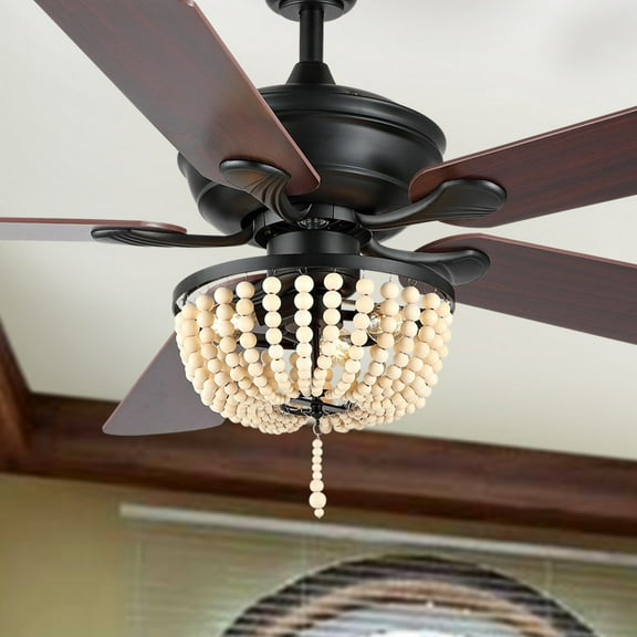 JONATHAN Y Erin 52" 3-Light Rustic Farmhouse Iron/Wood Bead Mobile-App/Remote-Controlled LED Ceiling Fan, Black/Light Brown