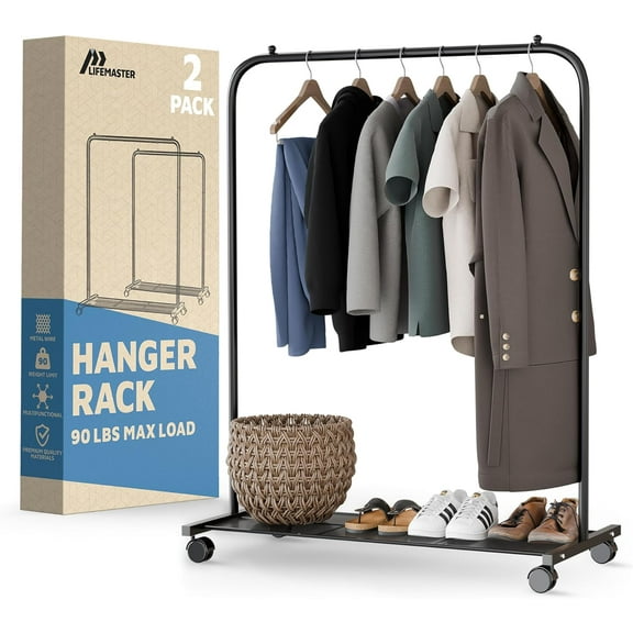 Lifemaster Metal Clothes Rack, Pack of 2 – Rolling Garment Racks with Wheels, Easy Assembly & Ample Hanging Storage – Black