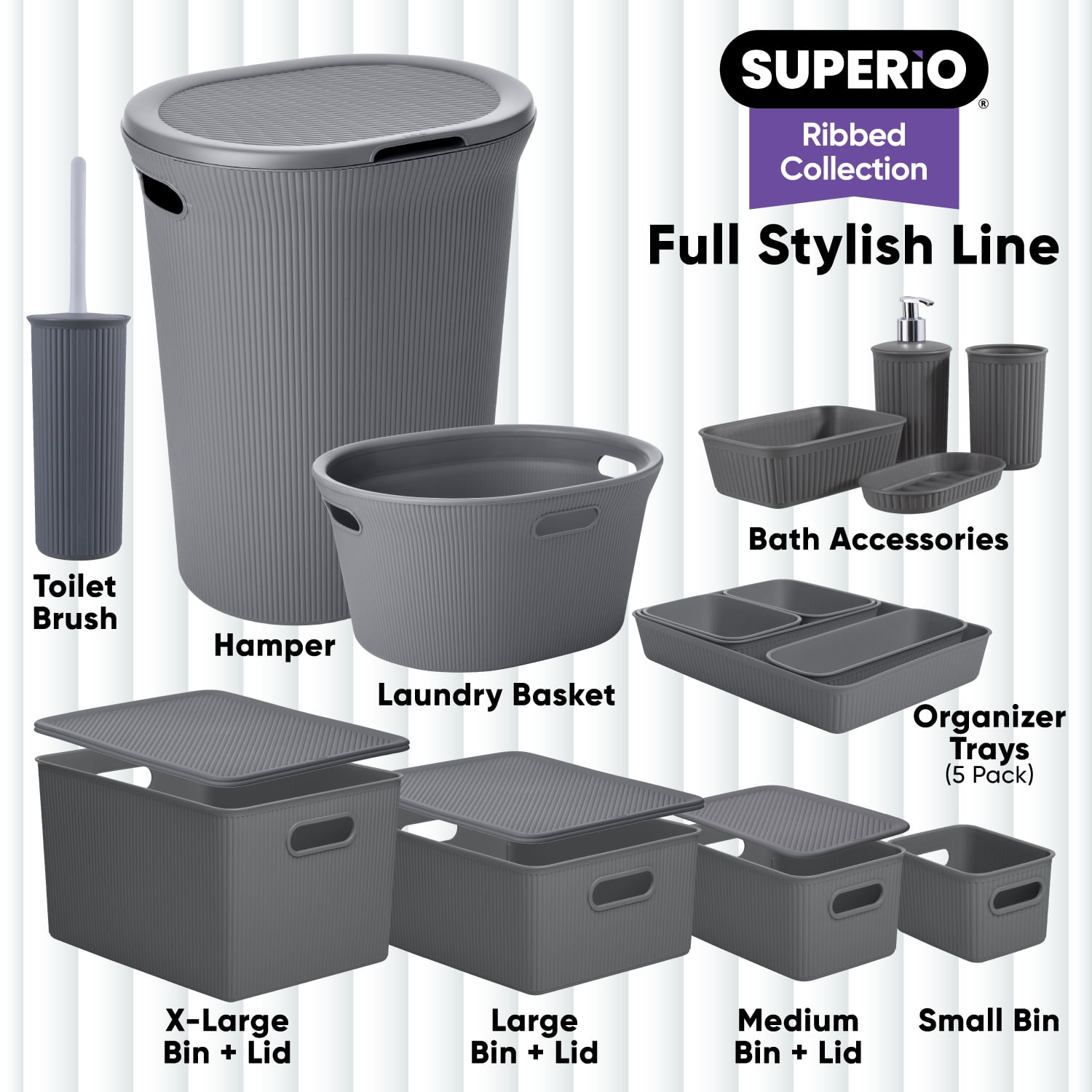 Superio Small Ribbed Plastic Storage Basket Organizer,  (Grey) Closet Storage bin for Shelf, Pantry, Office, and Cosmetics