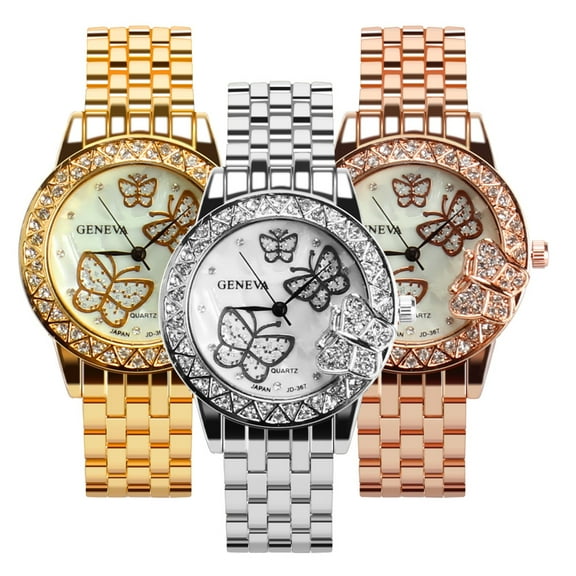 Weicam 3 Pcs Women Simple Crystal Butterfly Cuff Bangle Bracelet Watch Analog Quartz Wrist Watches