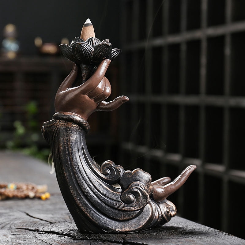 Resin Buddha Hand Backflow Incense Burner Creative Lotus Zen Bergamot Waterfall Smoke Reflux Incense Fragrance Holder Home Ornaments, Brown