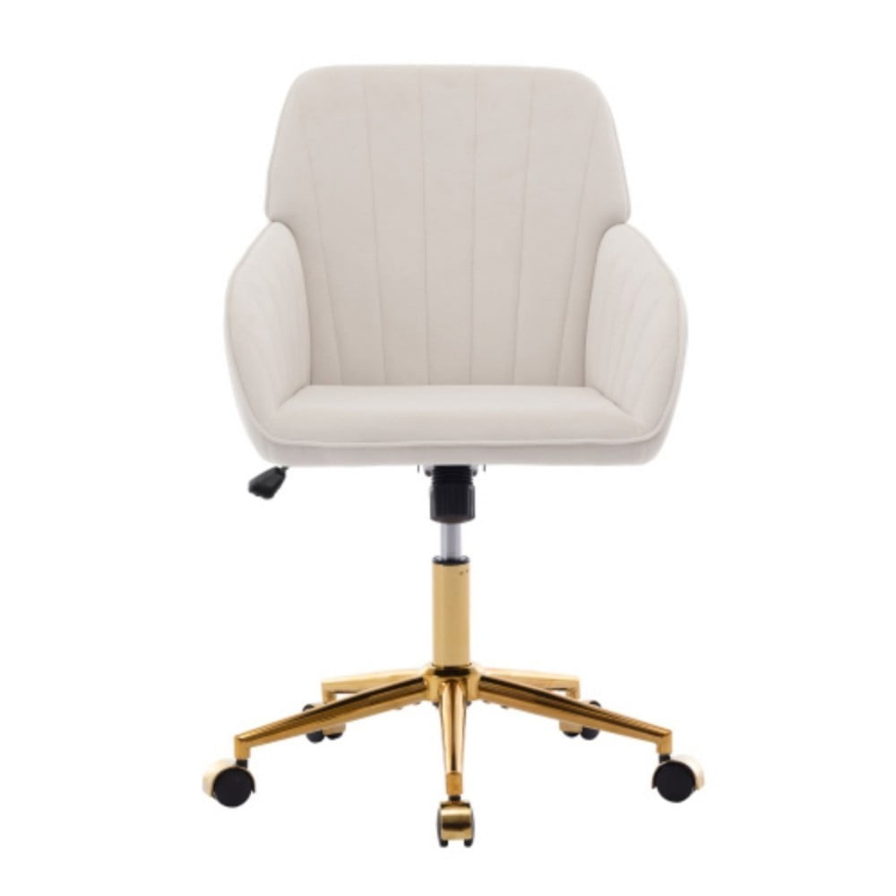 Ergonomic Office Chair, Upholstered Swivel Desk Chair with Memory Foam Cushion, Adjustable Backrest, Golden Metal Base for Home Office & Bedroom, Cream
