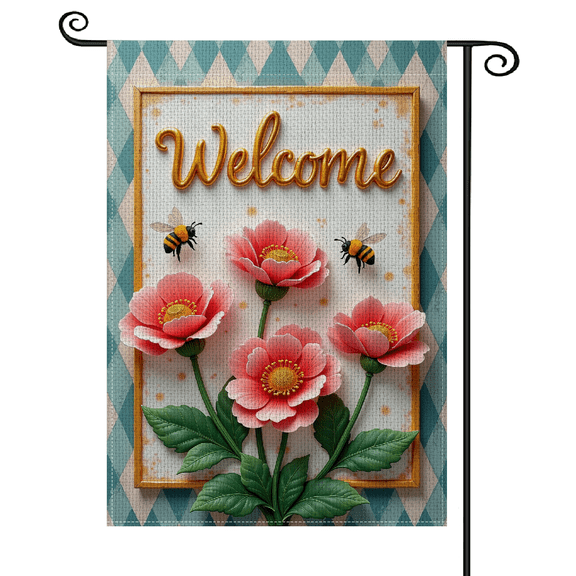 3D Floral Welcome Garden Flag Bee Pattern Vintage Yard Banner Gold Lettering Decorative Flag for Front Yard, Porch Decoration, Spring Garden, Home Entrance, Outdoor Party