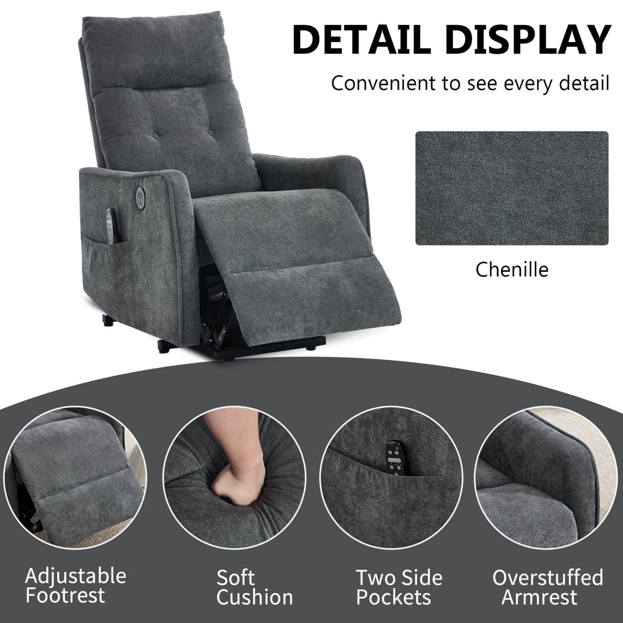 BSHTI Chenille Power Lift Recliner Chair with Vibration Massage, Lumbar Heat, USB Charging for Living Room(Gray)