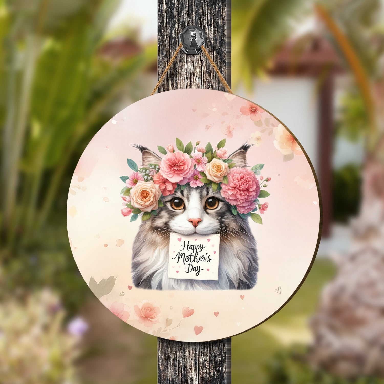 Happy Mother's Day Maine Coon with Flower Crown and Greeting Card Round Wood Sign Cat Lover Kitten Owner Gifts Hanging Wall Home Decor - 13004