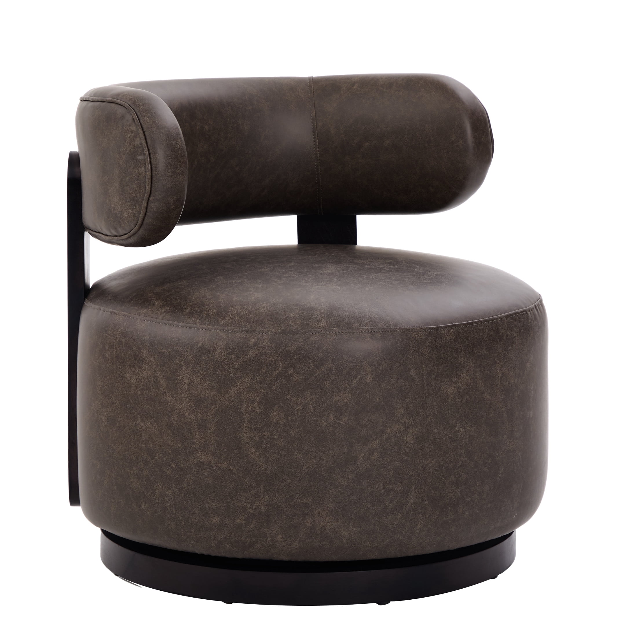 Christopher Knight Home 360° Swivel Leather Barrel Accent Chair with Rubberwood Base, Dark Brown
