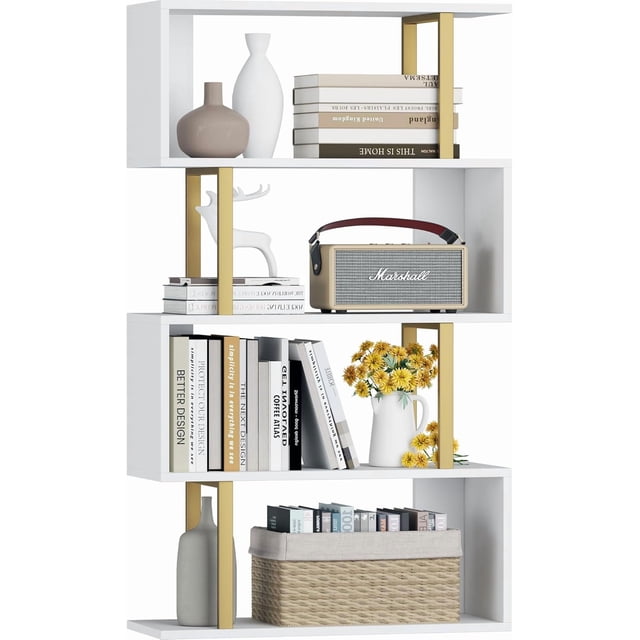 Bookshelf Geometric Bookcase S Shaped Book Shelves Unit for Living Room Tier Tall Decorative Display Shelf for Bedroom Study Room Rustic