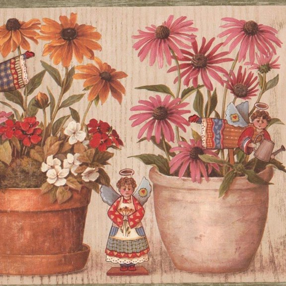 Concord Wallcoverings Wallpaper Border Garden Pattern Plants Flowers Pots Angels for Cottage Living Room, Beige Red Brown Green Blue Pink, 9 Inches by 15 Feet BP007183B