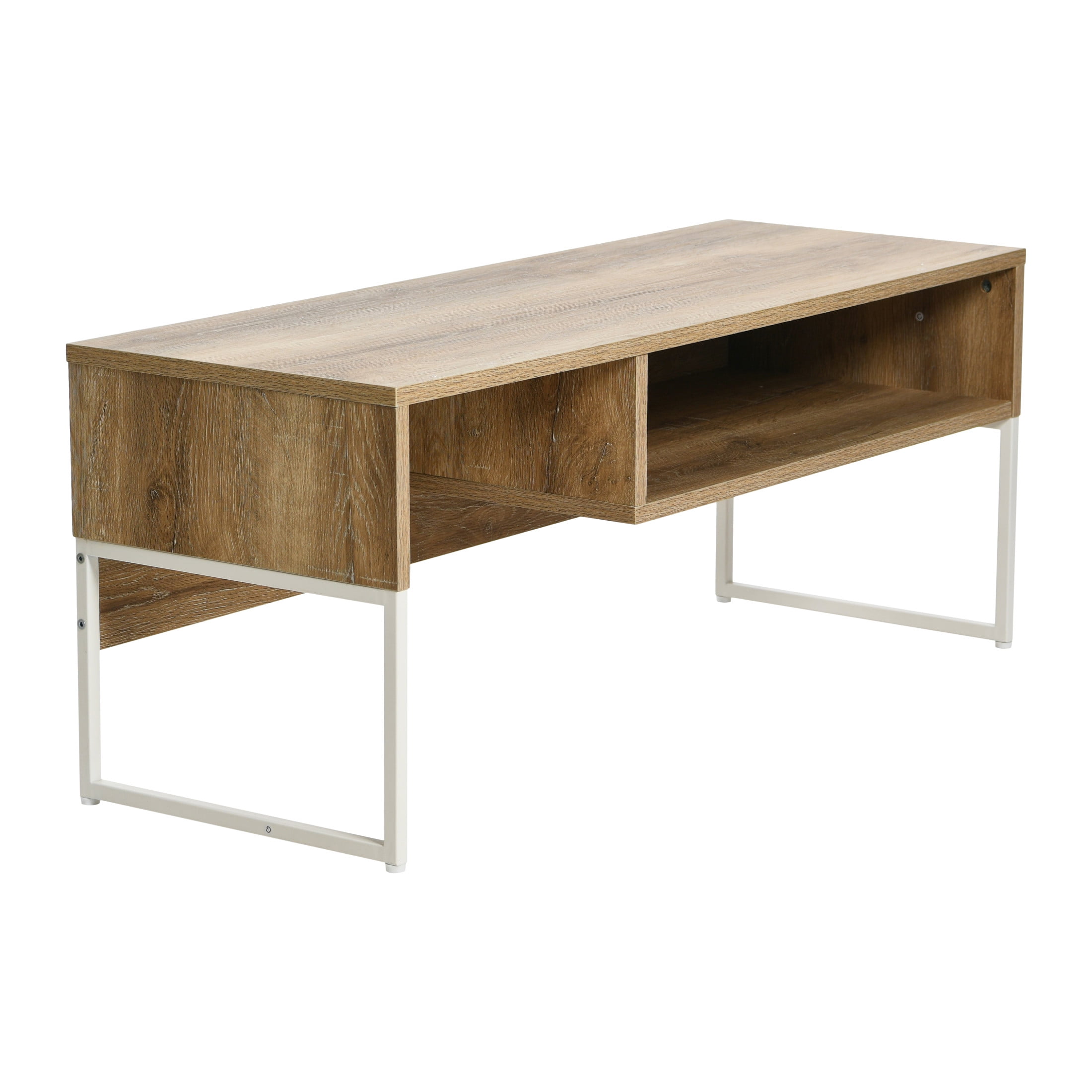 Household Essentials Wrap TV Stand with Rectangular Storage Compartment Coastal Oak Rustic Wood Grain and White Metal