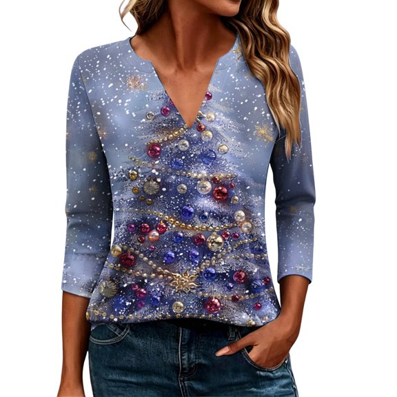 CLOISE 3/4 Sleeve Tops Casual for Women Plus Size Christmas Tree V Neck Tee Shirts Pullover Slim Festive Holiday Photos Clothes 3XL