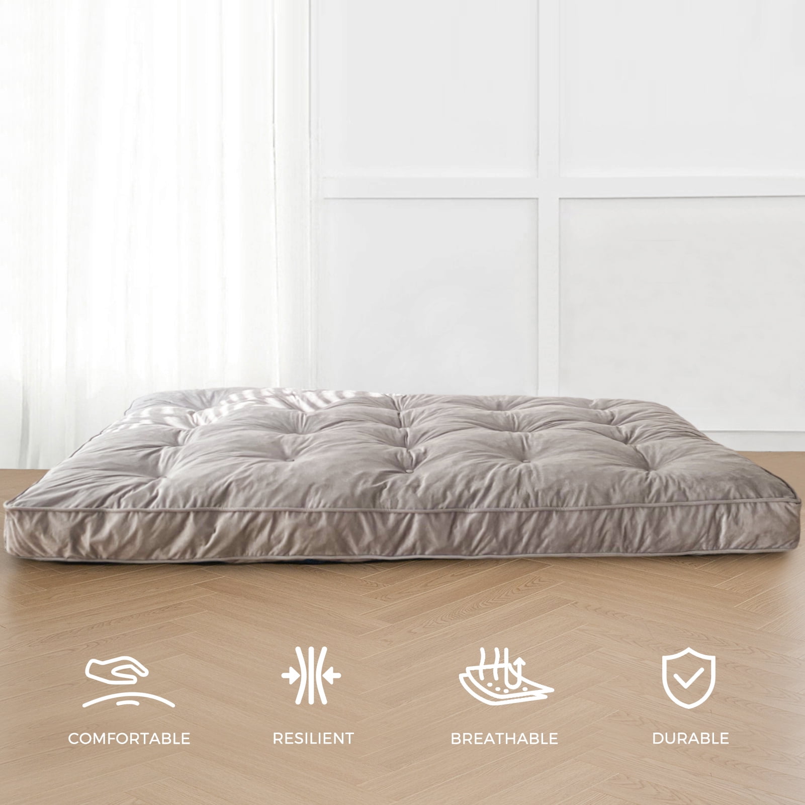 BYBYME 6" Futon Mattress,Velvet Thick Futons Sofa Couch Bed,Floor Mattress for Adults,Shredded Foam Filling,Grey Queen(Frame Not Included)