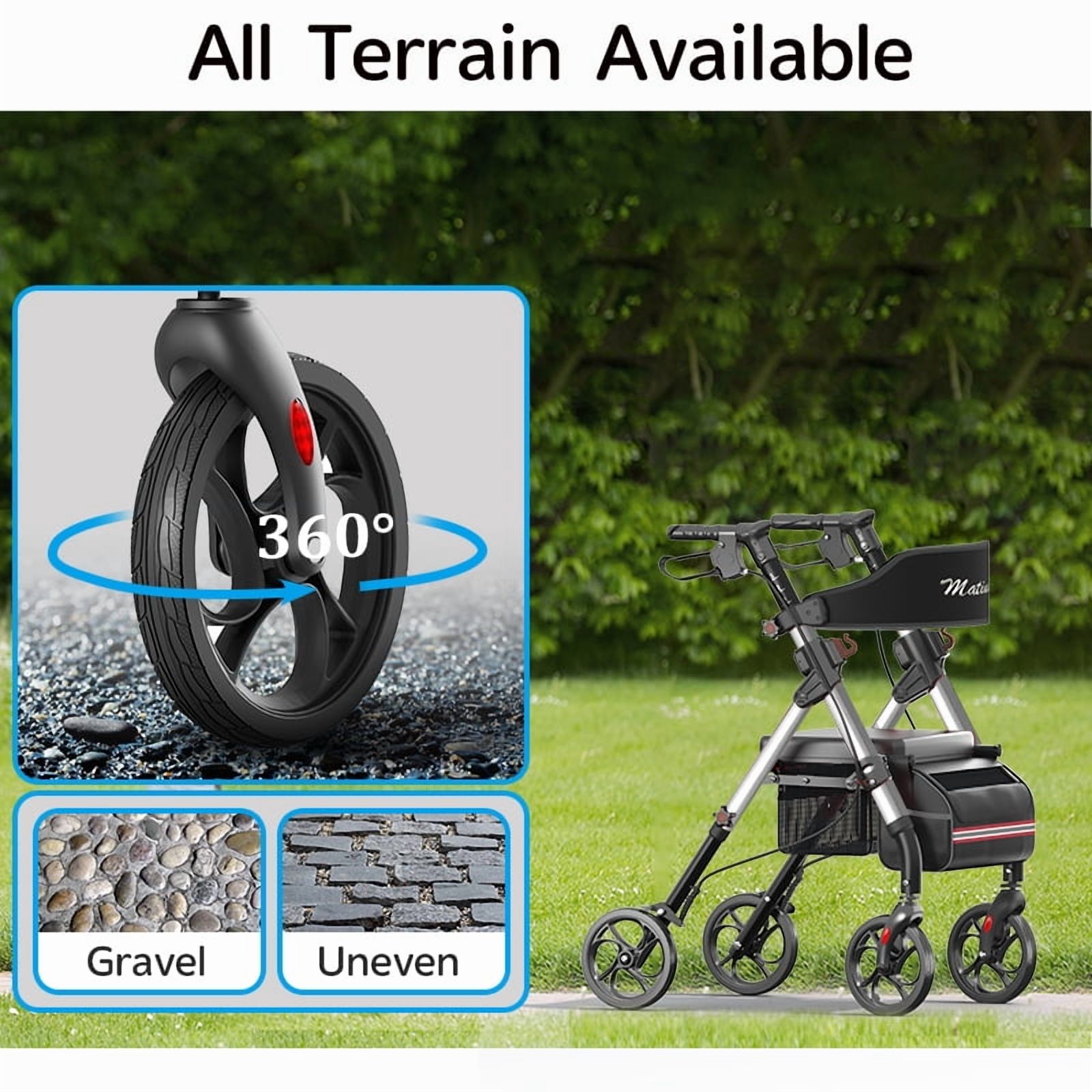 Aukfa Rollator Walker for Seniors,Lightweight Foldable All Terrain Rolling Walker with seat,8" Big Wheels,350 lb Capacity,Silver