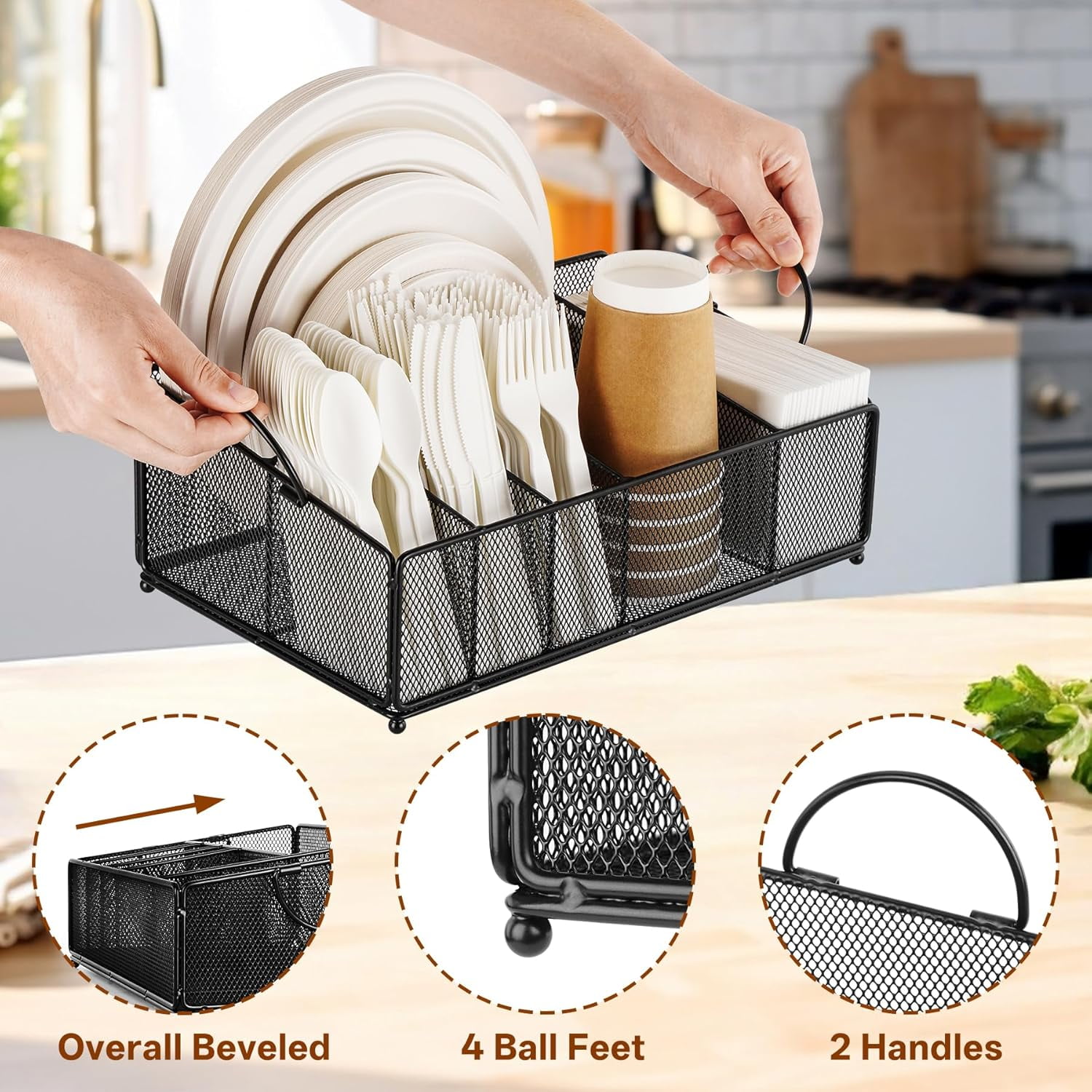 Metal Paper Plate Organizer for Countertop Party Picnic Camping, Large Plastic Silverware Holder Dispenser Cutlery Caddy for Disposable Plate Cup Flatware Utensil Napkin, Black