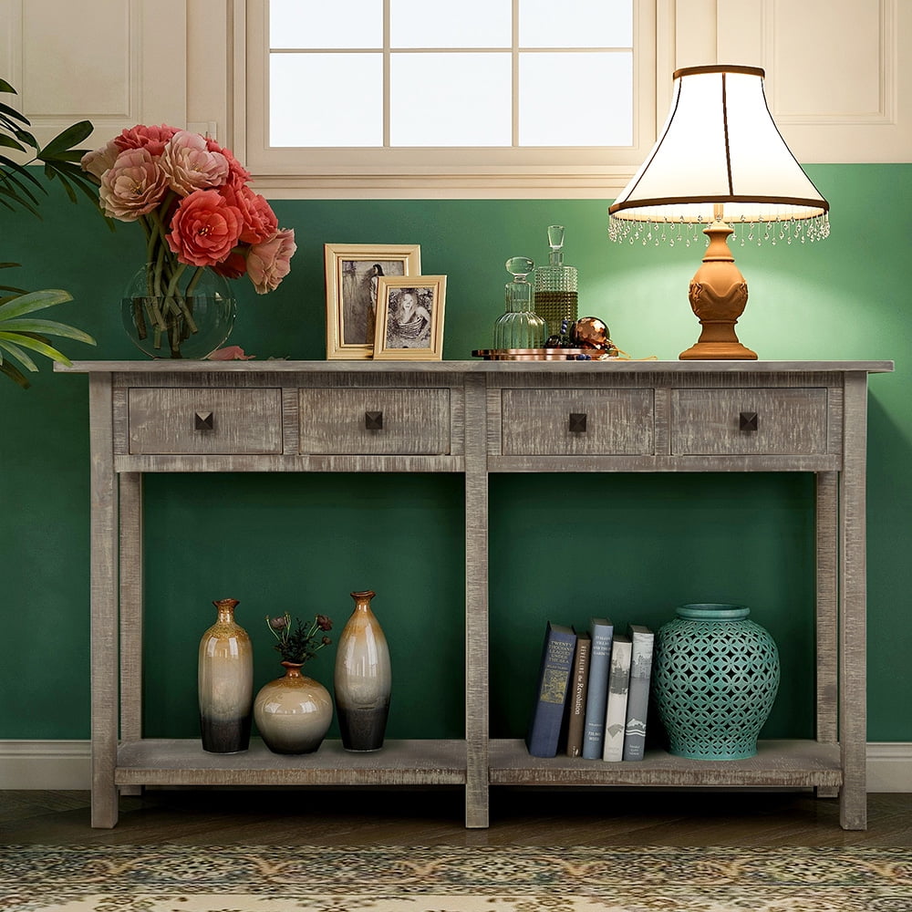Kepooman Rustic Brushed Texture Wooden Console Table with 4 Drawers and Bottom Shelf for Entryway, 59"L x 15.2"W x 33"H, Grey Wash Kepooman Rustic Brushed Texture Wooden Console Table with 4 Drawers and Bottom Shelf for Entryway, 59"L x 15.2"W x 33"H, Grey Wash