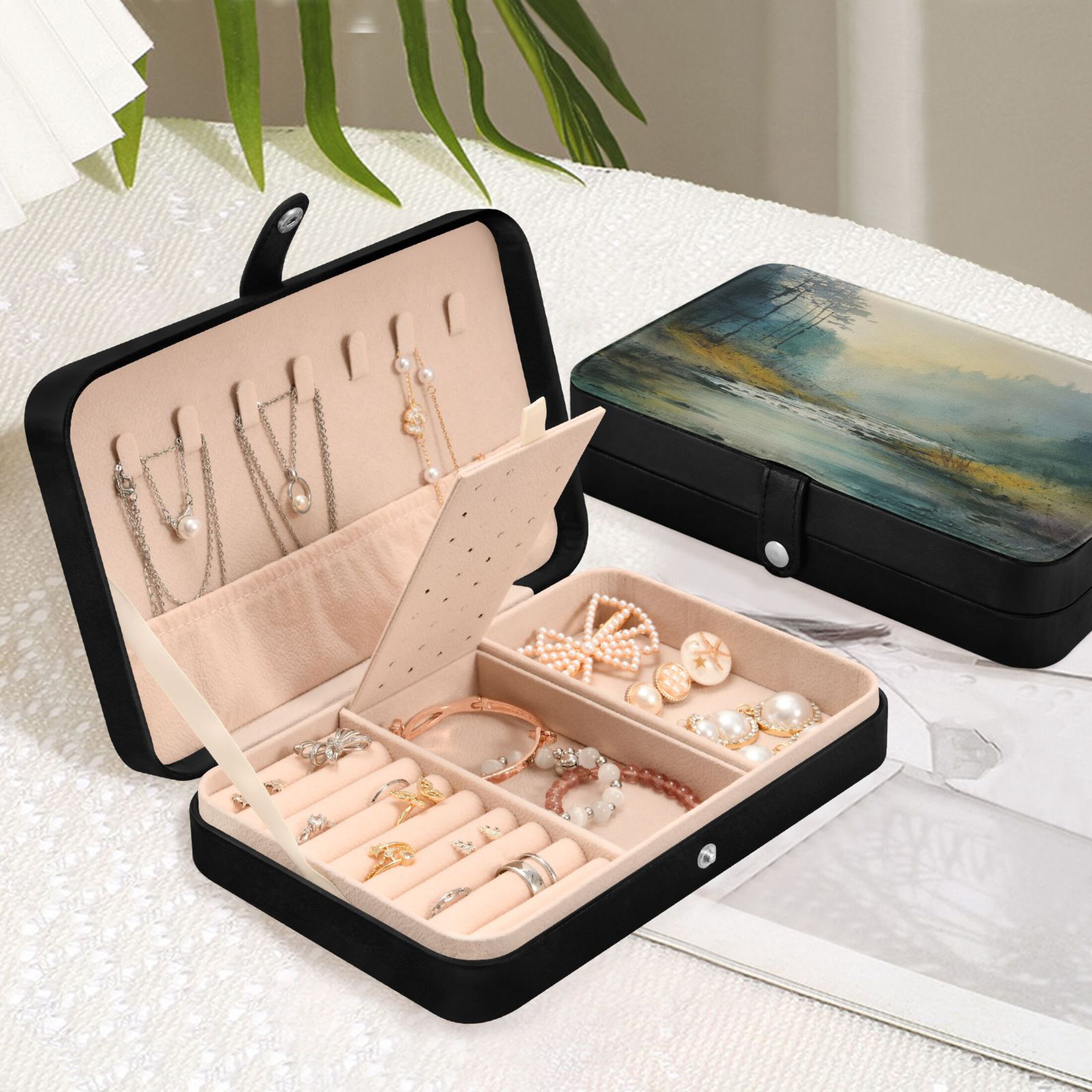 Leather Jewelry Box Rectangular 8.27x5.5x1.78In Travel Jewelry Storage Earrings Necklace Bracelet Watch Brooch Storage Beautiful Watercolor Forest