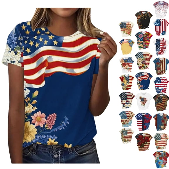 JOANKDMI Patriotic Shirts for Women 4th of July Crewneck Short Sleeve American Flag Print Loose Fit Tops Anniversary Trendy Holiday Festival Memorial Day T Shirts
