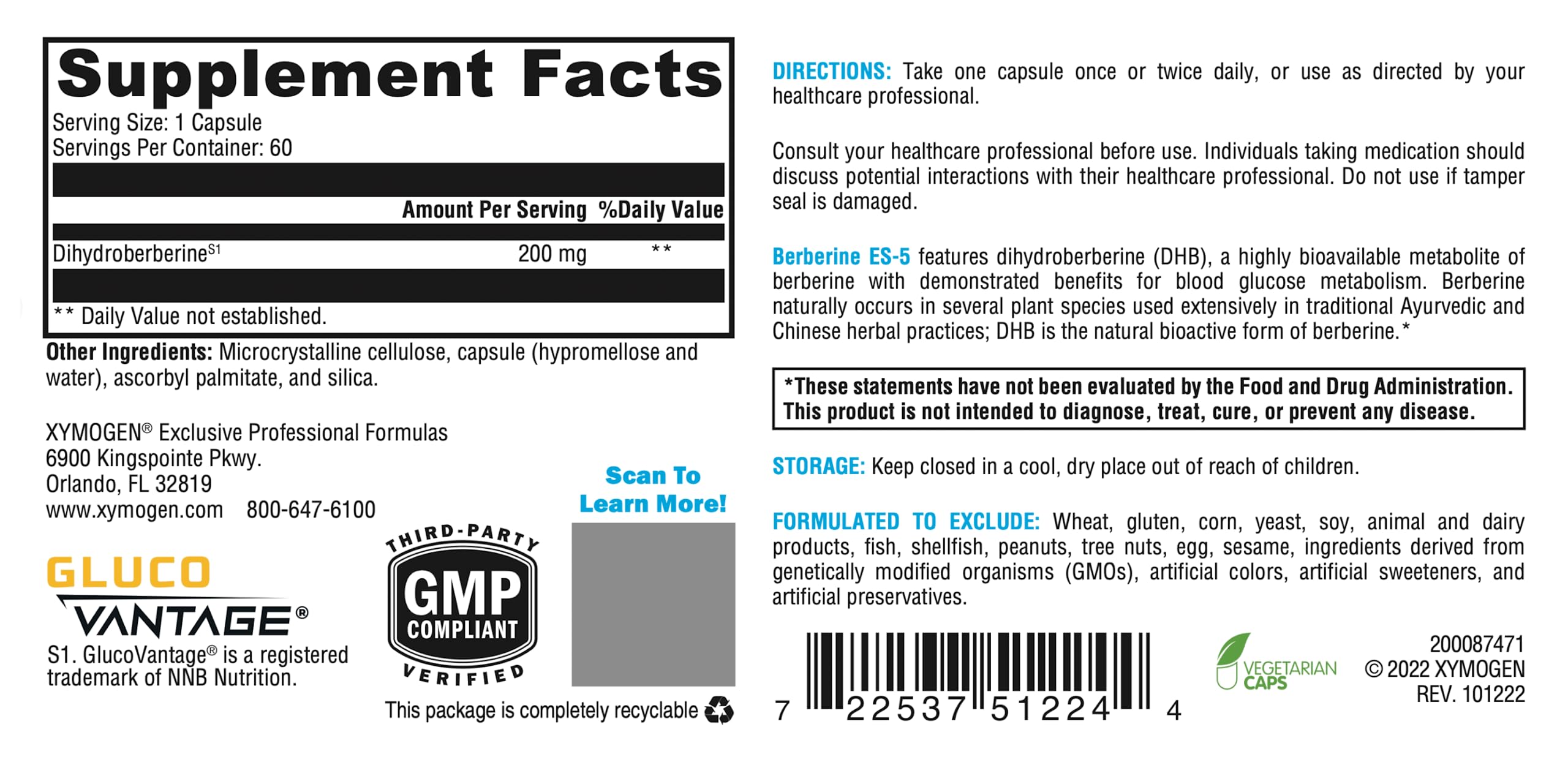 XYMOGEN Berberine ES-5 - 200 mg Dihydroberberine Supplement - Metabolic & Lipid Metabolism Support - Supports Berberine Activity - Vegan, Non-GMO & gluten-free - 60 Capsules
