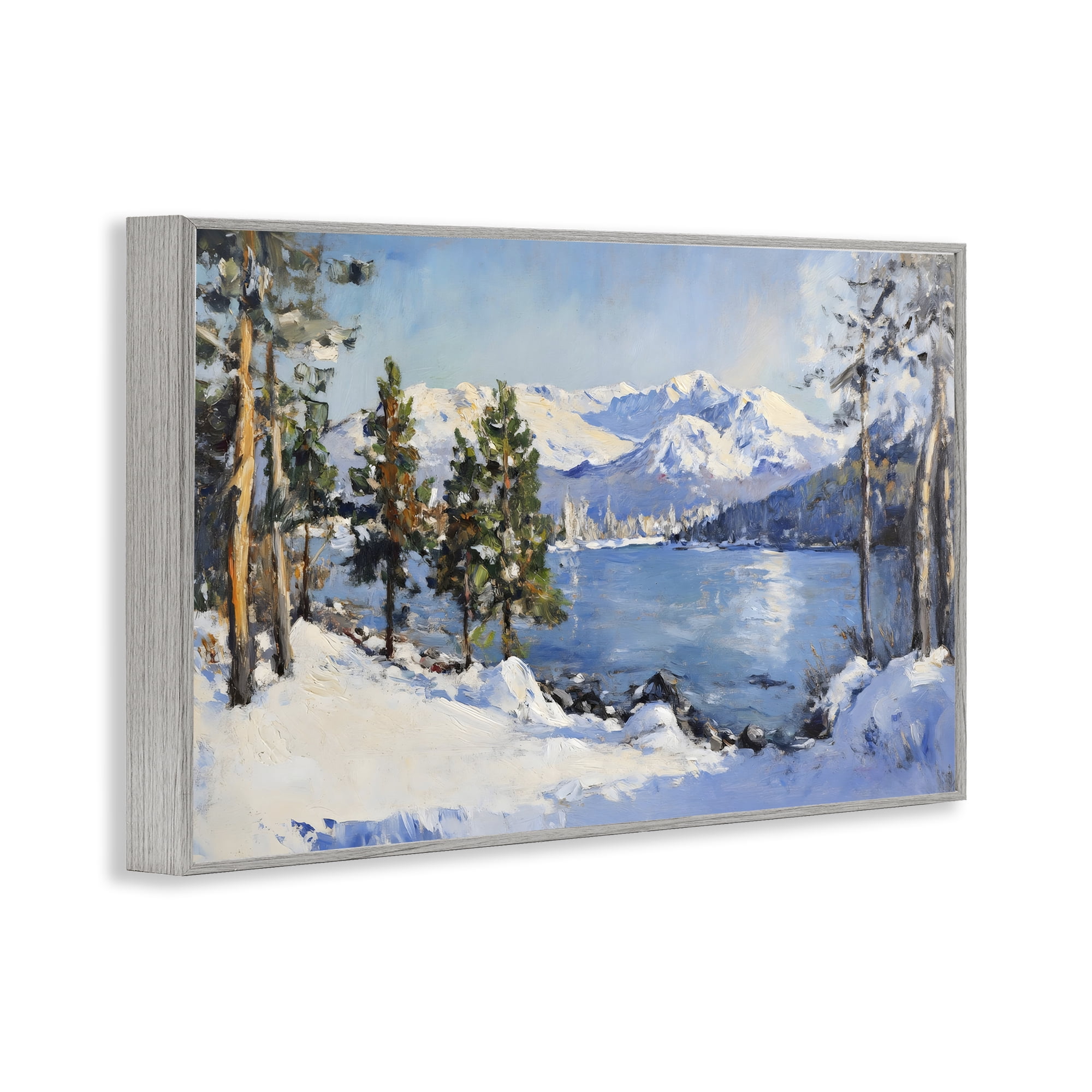 Winter Mountain Lake Gray Framed Giclee Art, design by Petal Prints Design