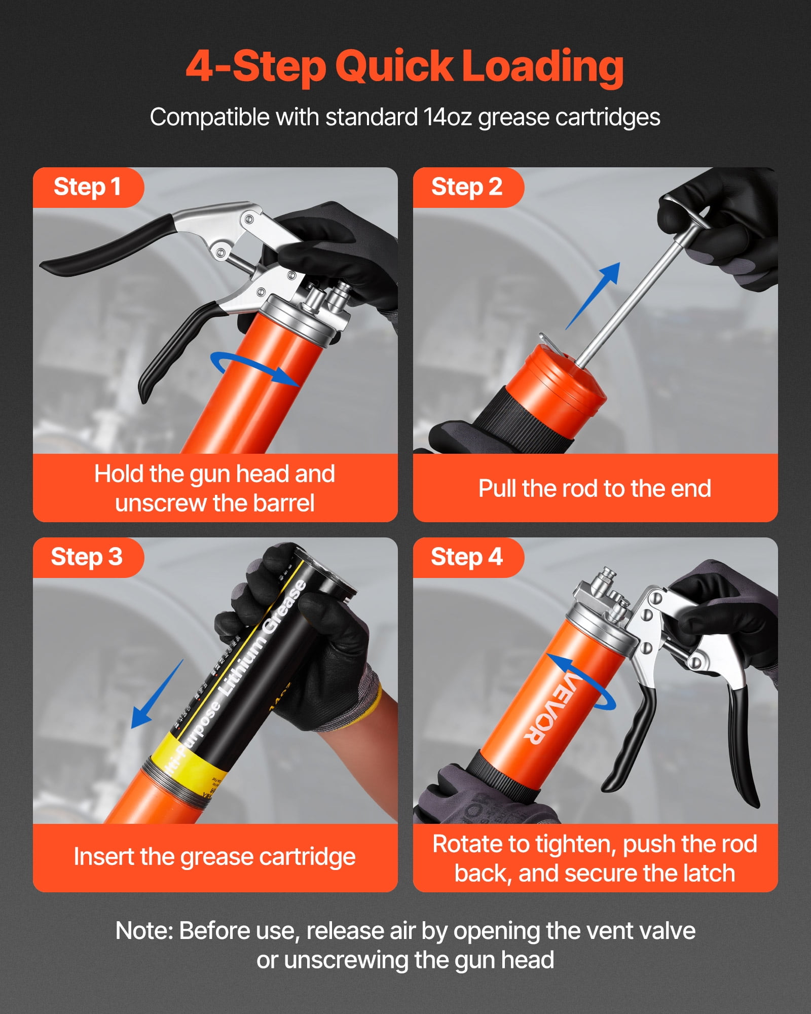 VEVOR Grease Gun, 8000 PSI, Pistol Grip Grease Gun Kit with 14 oz Capacity, Includes 18-Inch Flex Hose, Double Handle Grease Coupler, Extension Rigid Pipe & Sharp Type Nozzle for Automotive, Marine