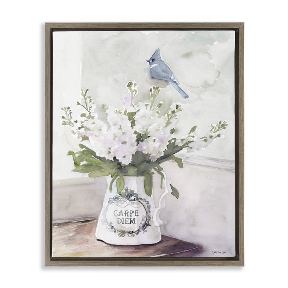 Stupell Industries Blue Cardinal on Spring Bouquet Animals & Insects Painting Brown Floater Framed Canvas Art Print Wall Art, 17 x 21