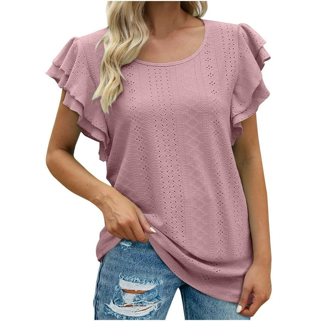 Timegard Hauts pour Femmes à Œillets, Col Rond, Manches à Volants, T-Shirt d'Été Décontracté et Confortable pour la Plage