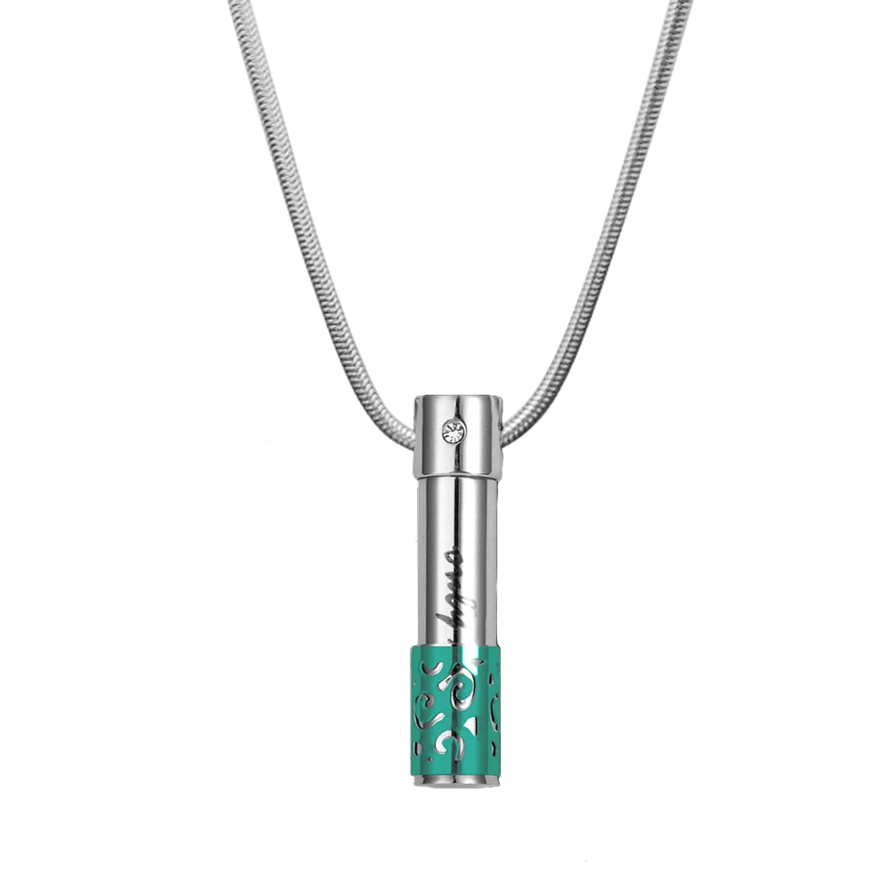 Only Love Cylinder Cremation Urn For Human Ashes Necklace Jewelry Memorial Necklace (Silver-Aqua)