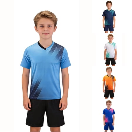 Rggeeun Toddler Boys Clothes Sets Gradient Style Short Sleeve V Neck Lightweight Ice Silk Top & Elastic Waist Shorts for Summer Daily Wear Leisure Set Blue 8-9 Years