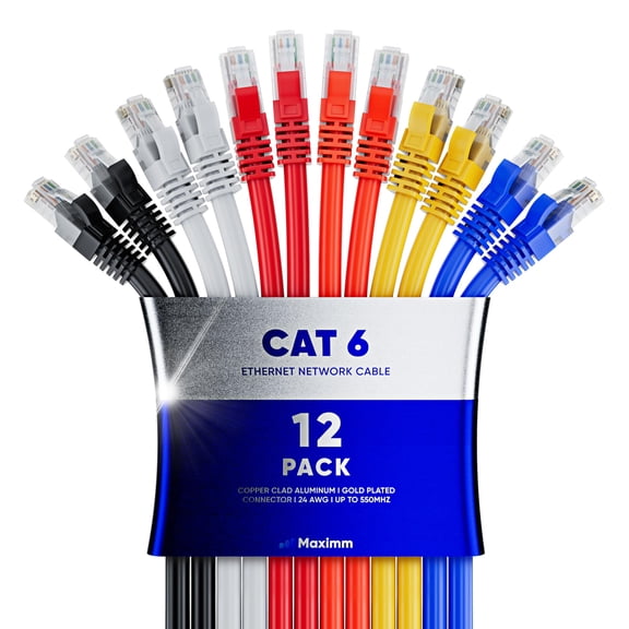 Maximm Cat 6 Ethernet Cable - 10 ft (12-Pack), High-Speed LAN, Internet, Patch, and Network Cable - UTP, 10Gbps, 550MHz Ethernet Cord - Multicolor