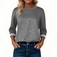 thumbnail image 3 of Womens Fall Clothes, 3/4 Sleeve Shirts for Women Fashion Loose Fit Solid Color Striped Printed Patchwork Crewneck T-Shirts, 3 of 4