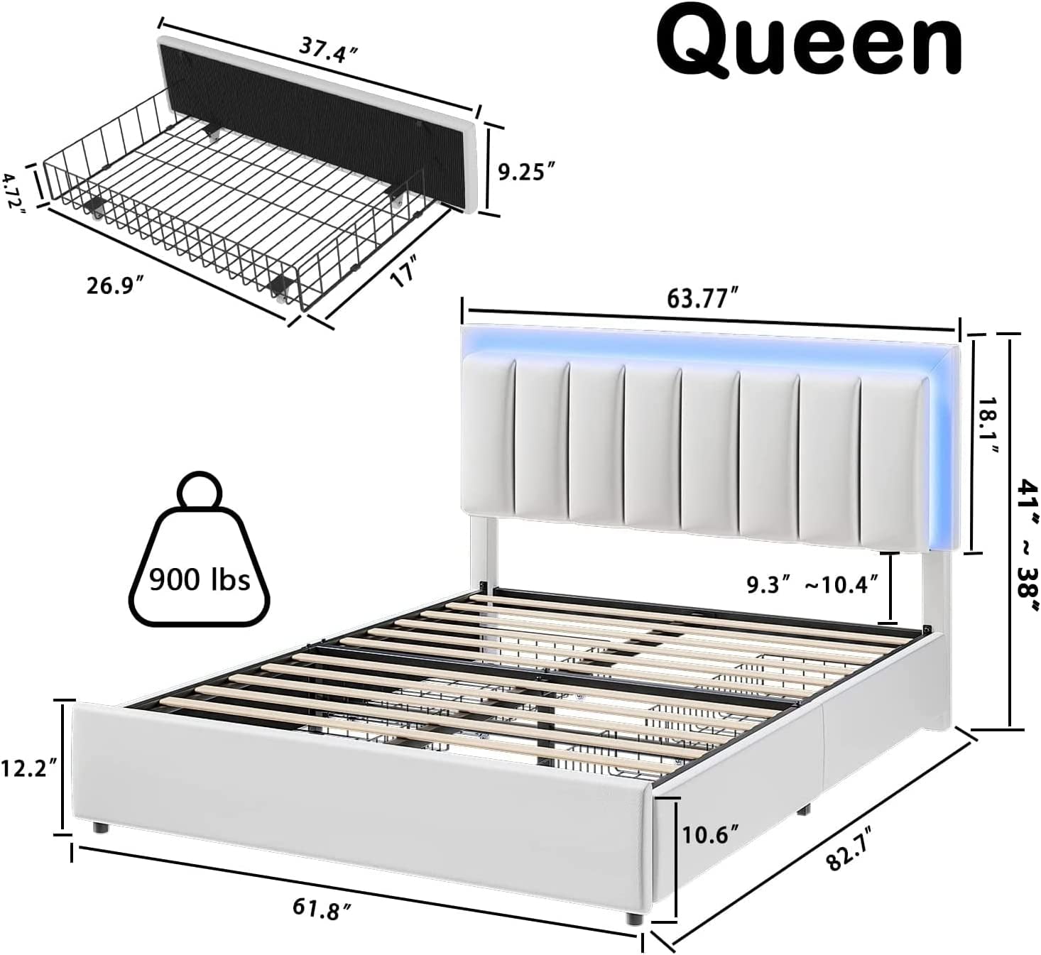 Catrimown Queen Size Bed Frame with LED Light Headboard, Upholstered Platform Bed Frame with Storage Drawers, No Box Spring Needed, White