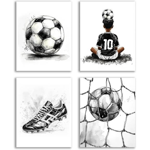 Football Canvas Wall Painting, Black Watercolor Football Poster Wall Decor, Sports Themed Football Paintings for Bedroom Boys Room Teens Kids Playroom Home Decor Set of 4 (8X10 Inch) Unframed
