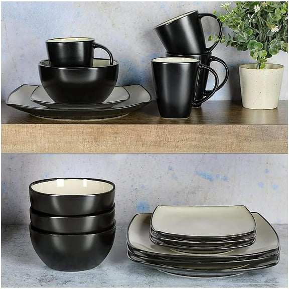Square Reactive Glaze Stoneware Dinnerware Set, Service for 4 (16pc), Sand