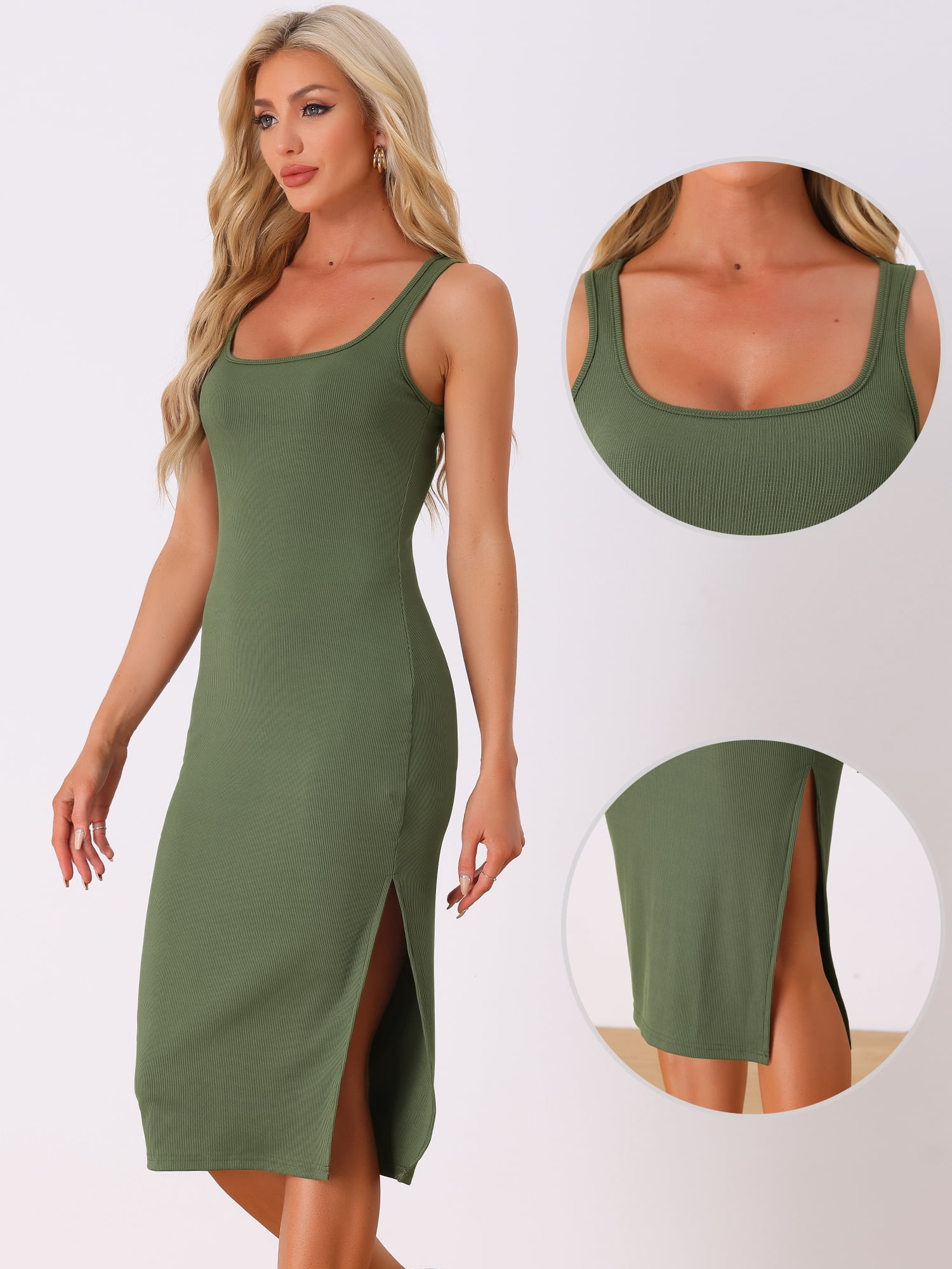 DARING DIVA Ribbed Tank Scoop Neck Knit Split Bodycon Dress M Olive Green
