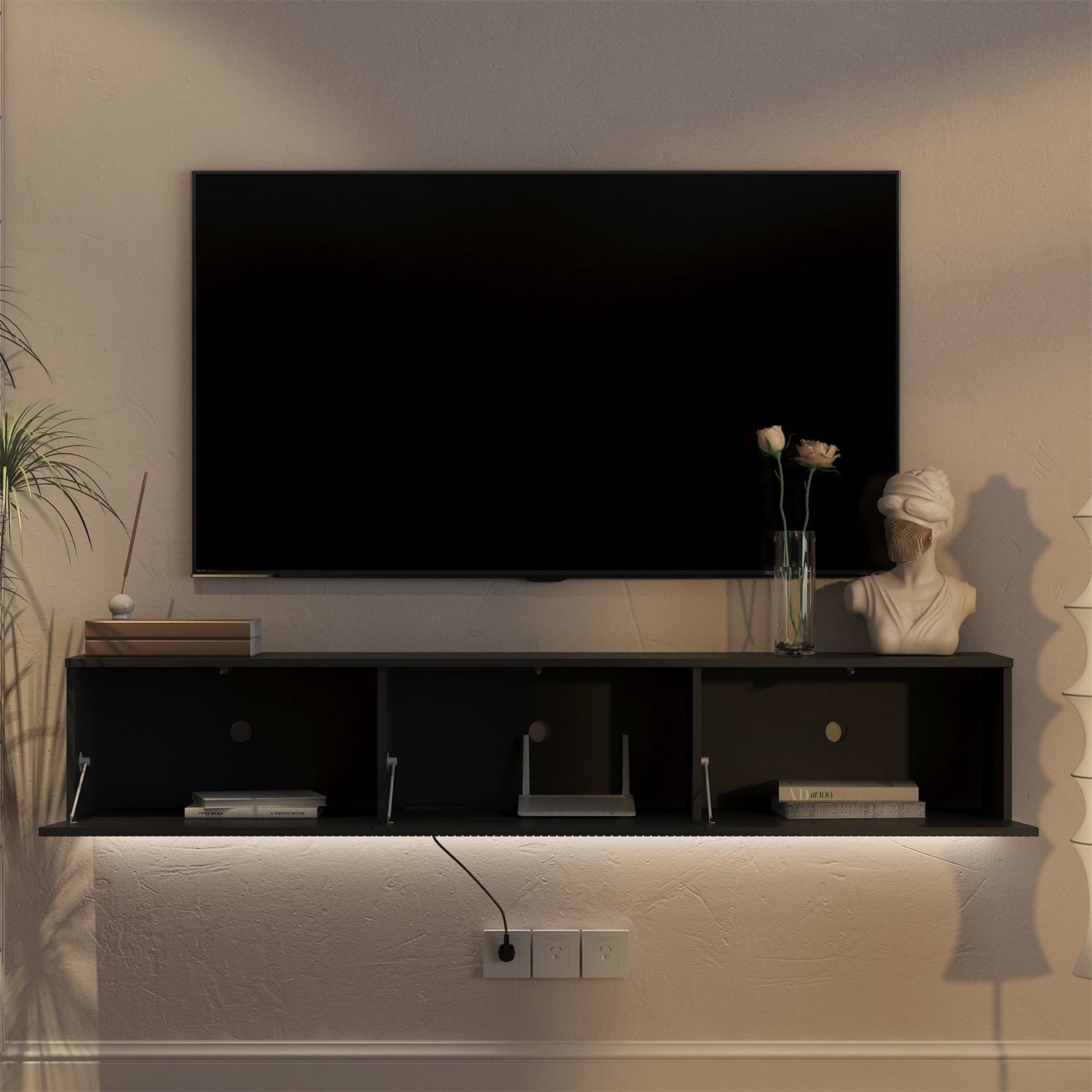 Hommoo 65" Modern Wall Mounted Floating TV Stand with 16 Color LEDs,Floating TV Cabinet Entertainment Center for 55"-65", Black