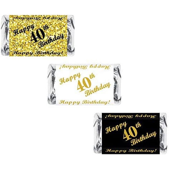 RokAPary 40th Birthday Miniatures Candy Bar Wrapper, (Set of 60) Mini Candy Bar Stickers; 3 Designs: 24 Gold, 24 Black, 12 White, Candy Not Included